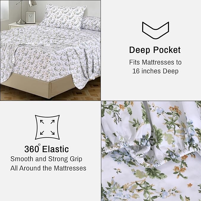 RUVANTI 100% Cotton Sheets – Full Size Percale Bedding, Cooling & Breathable Floral Design, Durable with a Crisp, Soft & Comfortable Feel, 16" Deep Pocket, 4-Piece Set, Heritage