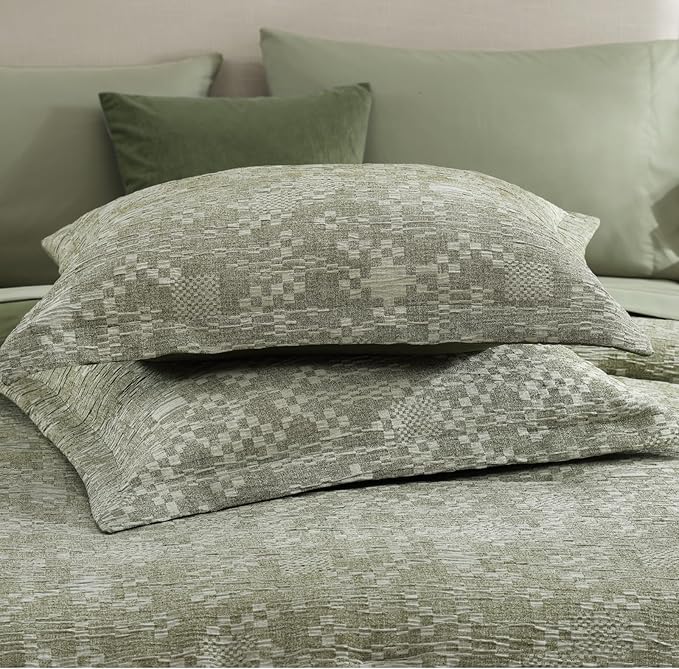 MaiRêve Queen Comforter Set Olive Green, Crinkle Textured Design Bedding Set 7 Pieces Bed in A Bag, All Season Farmhouse Comforter Set with Sheets, Pillowcases & Shams