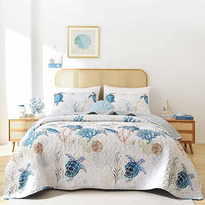 weigelia Coastal Quilt Set Queen Size - Sea Turtle Ocean Print Lightweight Soft Microfiber Summer Comforter with 2 Pillow Cases - Beach Bedding Coverlet Decor for All Seasons, Bedroom & Guest Room