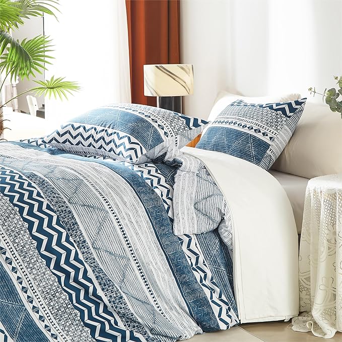 BOLINLIVING Twin Comforter Set Kids, Boho Stripe Comforter Set Twin Size, Twin Bed in a Bag Soft Bohomian Bedding Lightweight Breathable for All Seasons (Blue 66×90 inch)
