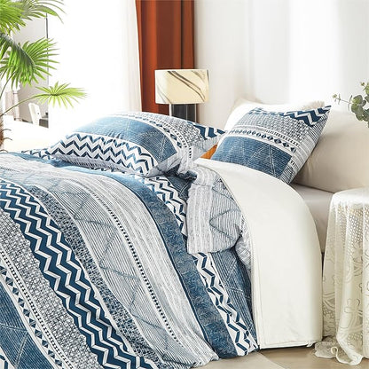 BOLINLIVING Twin Comforter Set Kids, Boho Stripe Comforter Set Twin Size, Twin Bed in a Bag Soft Bohomian Bedding Lightweight Breathable for All Seasons (Blue 66×90 inch)