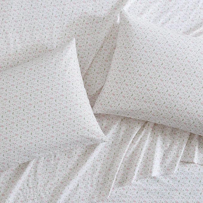 Laura Ashley - King Sheet Set, Crisp & Cool Sheets w/a Naturally Smooth Cotton Percale Feel, Deep Pocket, Bed Sheets with Matching Pillowcases & Fitted Sheet (Heirloom Ditzy Blue)