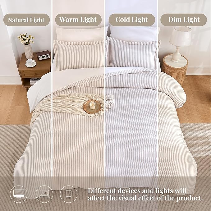 MILDLY Jacquard Stripe Duvet Cover - 100% Washed Cotton Light Khaki Boho Textured Comforter Cover 2pcs with Zipper Closure 68"x90"