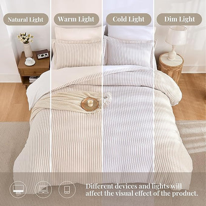 MILDLY Jacquard Stripe Duvet Cover - 100% Washed Cotton Light Khaki Boho Textured Comforter Cover 2pcs with Zipper Closure 68"x90"