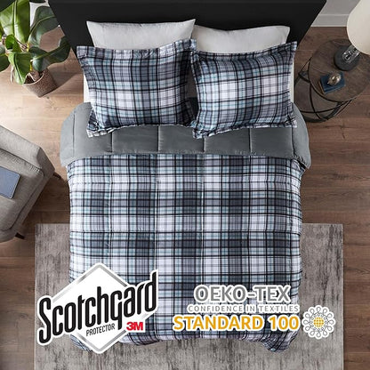 Madison Park Essentials Parkston Plaid Comforter, Matching Sham, 3M Scotchguard Stain Release Cover, Hypoallergenic All Season Bedding-Set, King/California King, Grey, 3 Piece