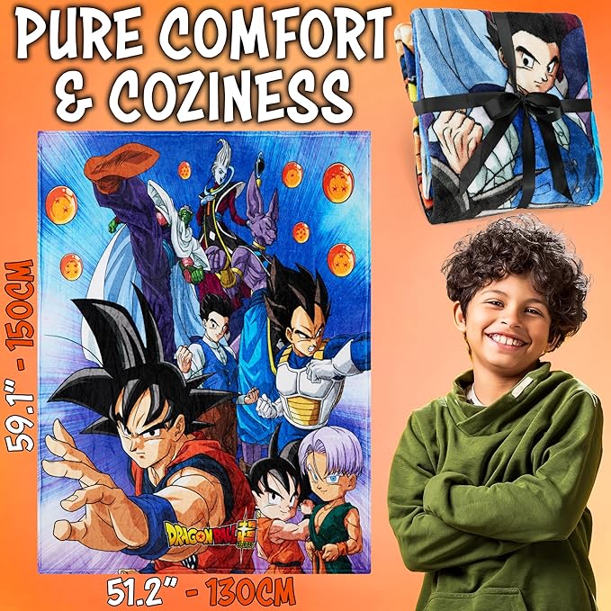 Dragon Ball Z Throw Blanket for Boys, 51x59 in, Goku Anime Fleece Blanket, Throws for Couch, Bed, Sofa, Room Essentials, Gifts for Boys