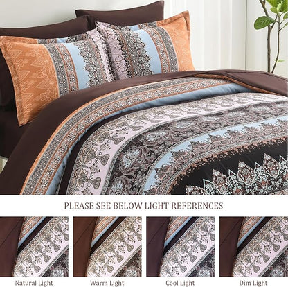 Boho King Size Comforter Set - 7 Pieces Bed in a Bag Bohemian Striped Comforter Set with Sheets, Soft Microfiber Brown Floral Bedding Sets for All Seasons (Brown, King)