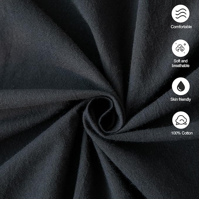 MooMee Bedding Pillowcases Pack of 2 100% Washed Cotton Linen Like Textured Breathable Durable Soft Comfy (Solid Black, King)