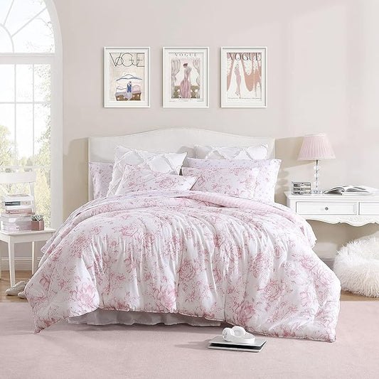 Laura Ashley - Twin Comforter Set, Reversible Cotton Bedding for Year Round Use, 2 Piece Coquette Bed Set with Matching Pillowcase (Delphine Mauve Pink)