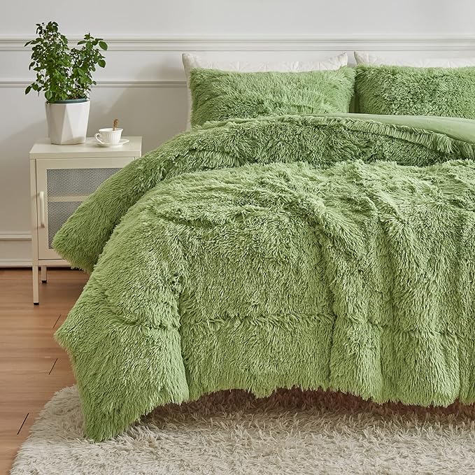Wajade Faux Fur Plush White Comforter Set Fluffy Fuzzy Shaggy Bedding Set - 3PC Full/Queen Microfiber Soft Warm Quilt Set (Sage Green, Queen)