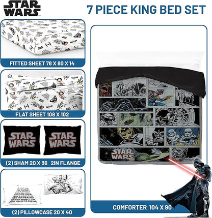 Star Wars Comic Book King Size Comforter Set - 7 Piece Bedding Includes Sheet Set & Pillow Covers - Super Soft Cozy Kids Bedding