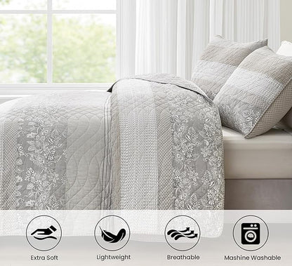 Chezmoi Collection Robyn 3-Piece Neutral Taupe Gray White Floral Hibiscus Flower Patchwork Striped Quilt Set - Pre-Washed Cotton Coverlet - Lightweight Reversible Bedspread, King Size