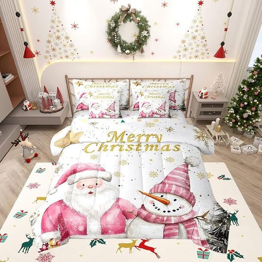 Gold Snowflake Queen Comforter Set with Sheets Bed in a Bag 7 Pcs,Pink Santa Snowman Christmas Trees Bed Set,Watercolor Winter Bedding Sets with Comforter,Flat,Fitted Sheet,Pillowcases,Pillow Covers