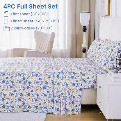 Softan Vintage Blue Floral Full Bed Sheets, Cozy Microfiber Flower Printed Sheets with 15" Deep Pocket Fitted Sheet & Non-Slip Straps, Patterned Floral in Blue & Amber Sheets & Pillowcase Set