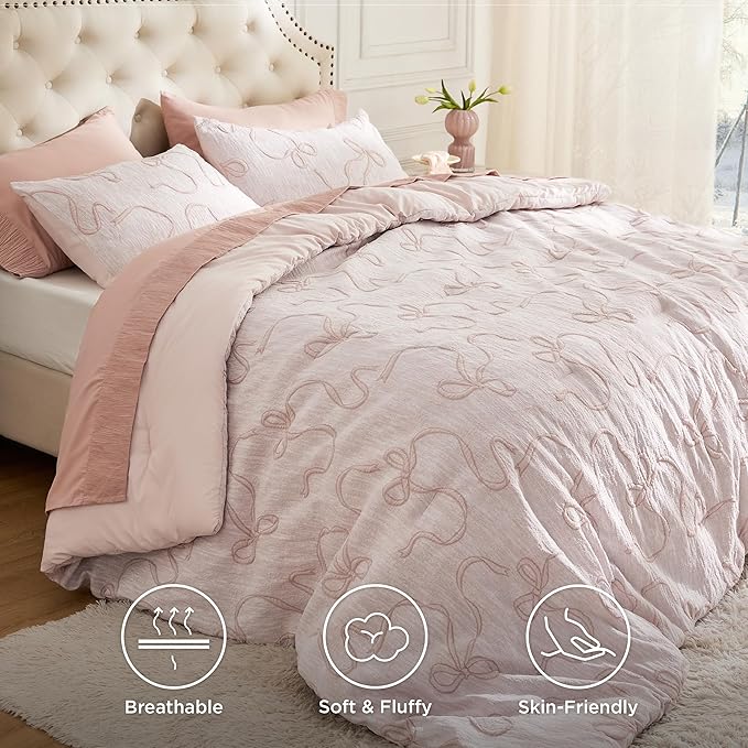 Bedsure Pink Full Size Comforter Sets for Girls, GentleSoft™ 3 Pieces Bow Comforter with 2 Pillow Shams, Cute Girls Full Size Bedding Sets Pink Room Decor Aesthetic Bedroom Decor, 82x86 Inches