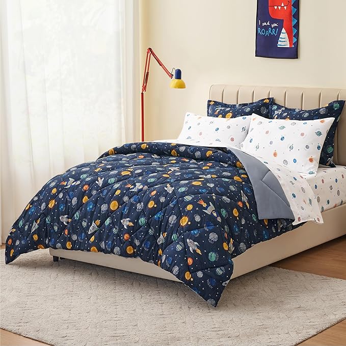 Queen Size Space Kids Bedding Set for Boys, 7 Pieces Super Soft Lightweight Microfiber Comforter Set with Sheets, Bed in a Bag, Children Bed Set