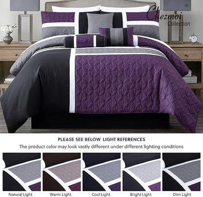 Chezmoi Collection Upland 7-Piece Quilted Patchwork Comforter Set, Purple/Black/Gray, Oversized King