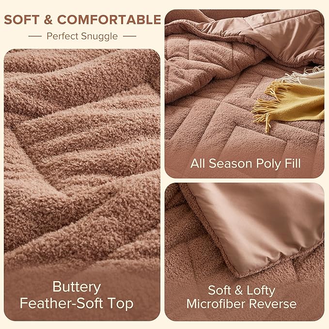 Comfort Spaces Twin Comforter Set Reversible Feather-Soft Plush Comforters for Twin Size Bed All Season Lightweight Shearling Fleece Sherpa Comforter Twin Size Bed Set, Twin/Twin XL, Brown 2 Piece