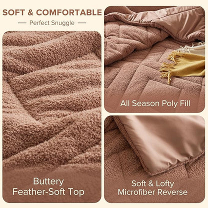 Comfort Spaces Twin Comforter Set Reversible Feather-Soft Plush Comforters for Twin Size Bed All Season Lightweight Shearling Fleece Sherpa Comforter Twin Size Bed Set, Twin/Twin XL, Brown 2 Piece