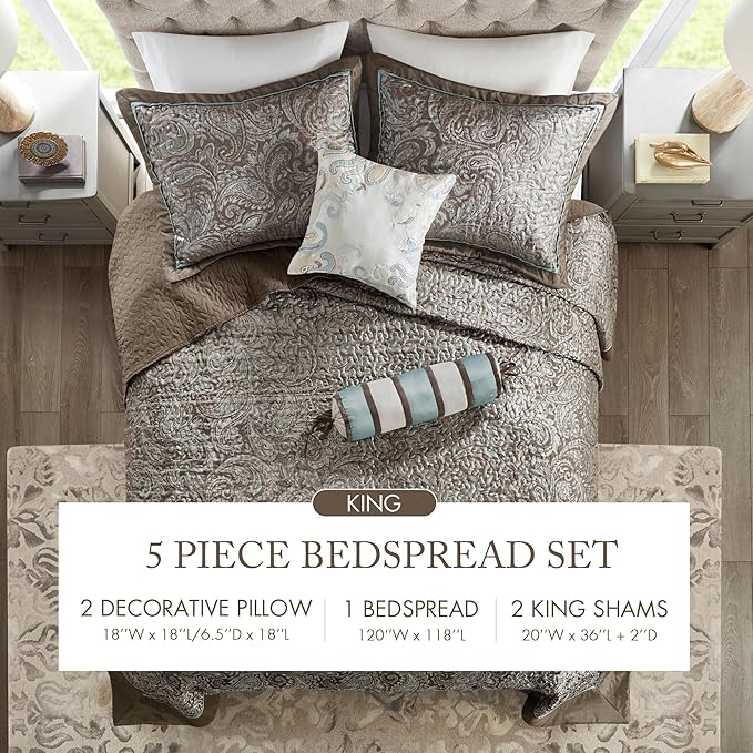 Madison Park Aubrey Reversible Quilted Bedspread Set, Solid Reverse Summer Breathable, Lightweight All Season Bedding Layer, Matching Shams, Bedspread King(120"x118"), Blue 5 Piece