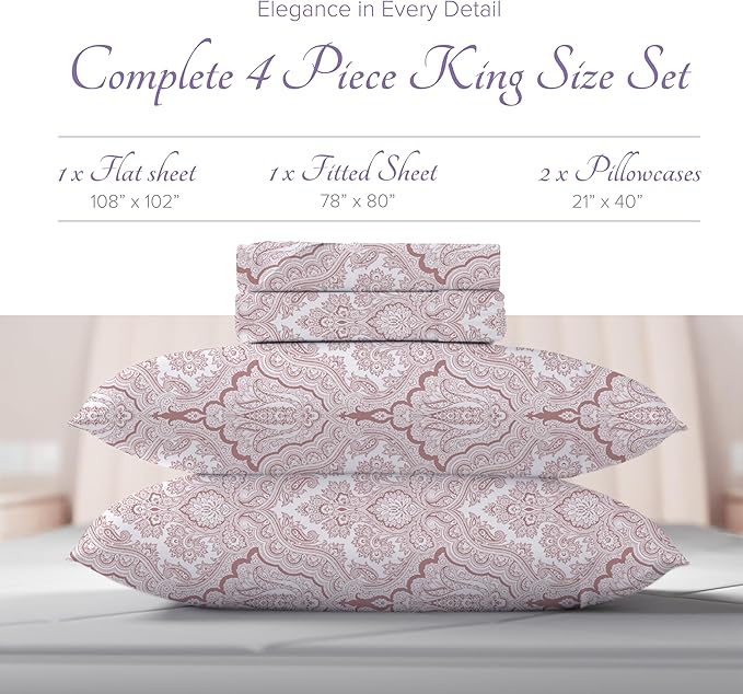 Carressa Linen 100% Egyptian Cotton King Size Sheet Set - Printed 600 Thread Count Egyptian Cotton Sheets King Size (Paisley Print), Soft, Cooling, Sateen Weave 16" Deep Pocket Luxury Hotel Sheets