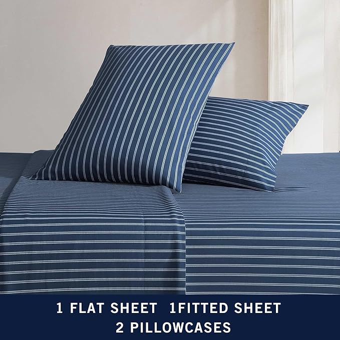 Nautica - Twin Sheets, Premium Cotton Percale Bedding Set, Striped Home Decor, Oeko-Tex Certified (Richmond Stripe Blue, Twin)