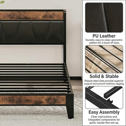 LIKIMIO Twin Bed Frame, Storage Headboard with Charging Station, Solid and Stable, Noise Free, No Box Spring Needed, Easy Assembly (Vintage and Black)