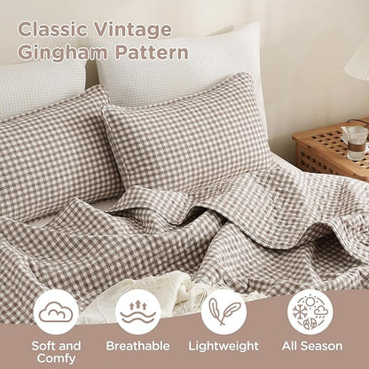 TOCOMOA Tan Gingham Quilt Bedding Set 100% Washed Cotton Bedspread Coverlet Like Linen Feel Soft Comfy Breathable 3 Piece Brown Plaid Checkered Lightweight Comforter Set for All Season, Queen 96"x90"