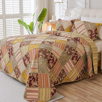 Cmfshape Floral Quilt Sets Bedspread Set 100% Cotton Patchwork Bedding Set, All Season Use Lightweight Reversible Coverlet Quilts with 2 PillowShams(King 106"x96")