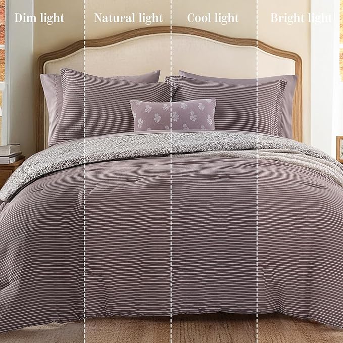 Queen Comforter Set - 7 Pieces Deep Purple Gauze Muslin Bedding Sets for All Seasons, Lightweight Breathable Bed in a Bag Queen with Revesible Farmhouse Comforter, Sheets, Pillowcases & Shams