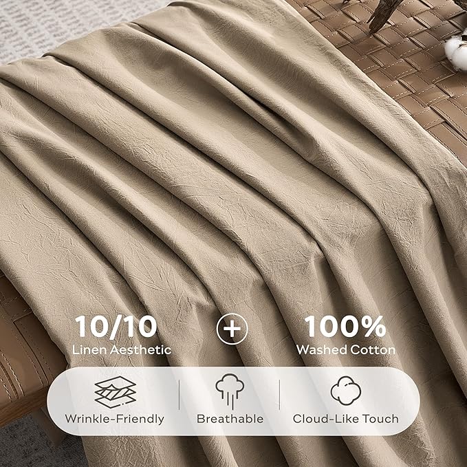 JELLYMONI 100% Washed Cotton Duvet Cover Twin – Soft, Breathable Linen-Look Bedding with Natural Wrinkle Texture, Button Closure, 2-Piece Set (Dusty Khaki, 68"x90")
