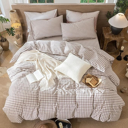 MooMee Bedding Pillowcases Pack of 4 100% Washed Cotton Linen Like Textured Breathable Durable Soft Comfy (Brown Gingham, Queen)