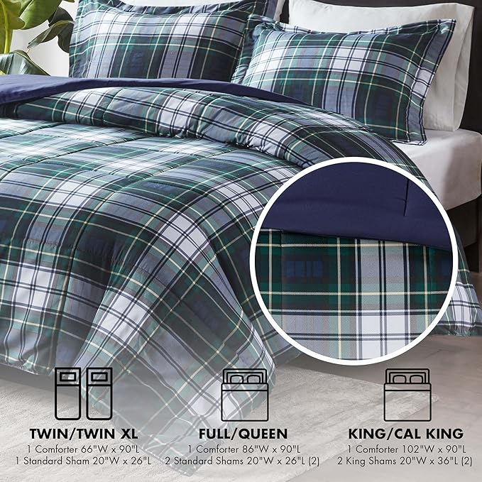Madison Park Essentials Parkston Plaid Comforter, Matching Sham, 3M Scotchguard Stain Release Cover, Hypoallergenic All Season Bedding-Set, King/California King, Navy, 3 Piece