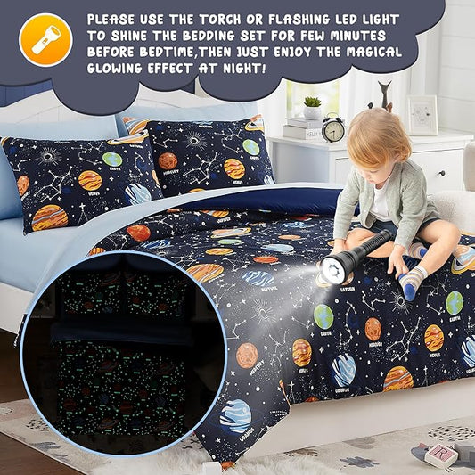 Queen Kids Comforter Set - 7 Pieces Queen Bedding Sets for Boys, Glow in The Dark Space Bed in A Bag with Sheets