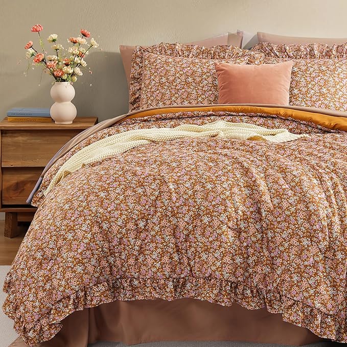 King Comforter Set - 7 Pieces Ruffle Brown Bedding Sets, Shabby Chic Farmhouse Bed in a Bag with Ruffle Comforter, Sheets, Pillowcases & Shams