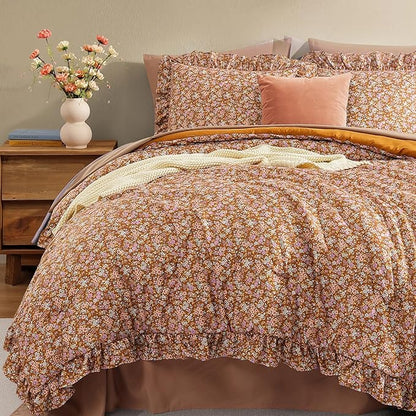 King Comforter Set - 7 Pieces Ruffle Brown Bedding Sets, Shabby Chic Farmhouse Bed in a Bag with Ruffle Comforter, Sheets, Pillowcases & Shams