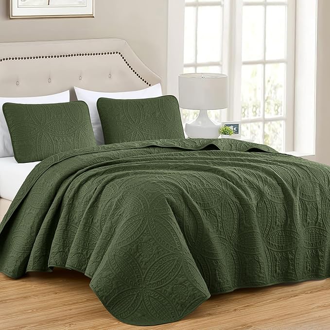 Chezmoi Collection Austin Queen Oversized Bedspread Set, 3-Piece Pinsonic Quilted Lightweight Microfiber Bedspread Coverlet, Olive Green | Oversized, Lightweight, Fade Resistant