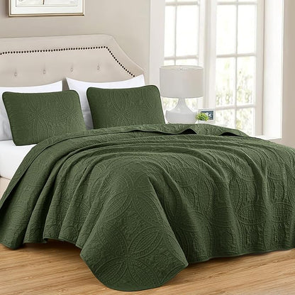 Chezmoi Collection Austin King Oversized Bedspread Set, 3-Piece Pinsonic Quilted Lightweight Microfiber Bedspread Coverlet, Olive Green | Oversized, Lightweight, Fade Resistant