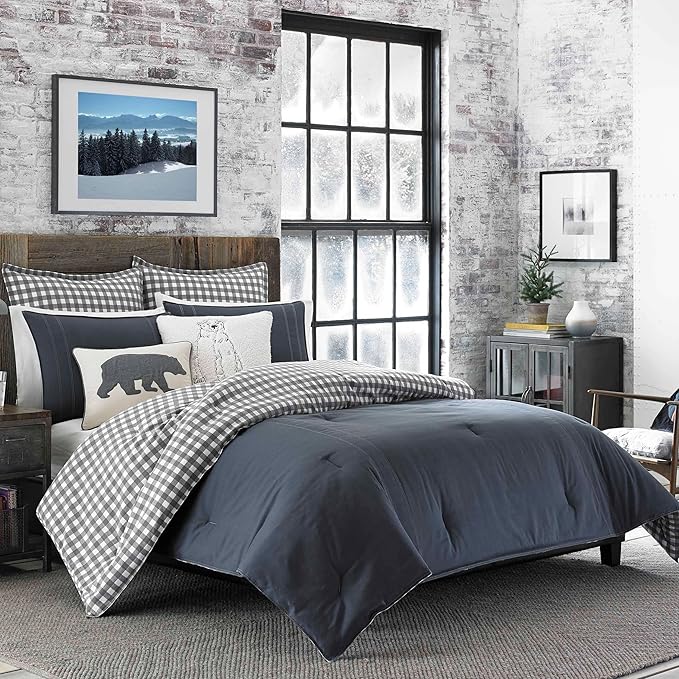Eddie Bauer - King Comforter Set, Reversible Cotton Bedding with Matching Shams, Pre-Washed for Added Softness (Kingston Charcoal, King)