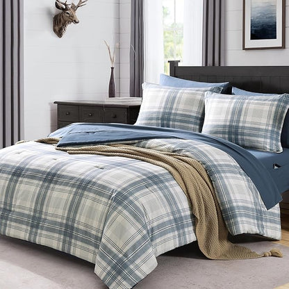 MaiRêve Plaid Queen Comforter Sets, Blue Grey Grid Farmhouse Bedding Set Bed in A Bag, Classic Checkered Comforter Sets with Fitted & Flat Sheet, Pillowcases & Shams(Blue Grey, 90"x90")