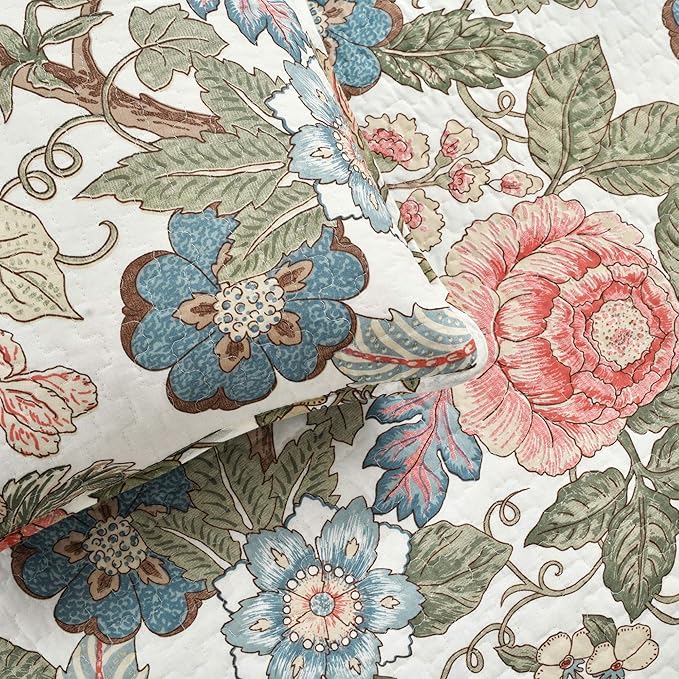 Lush Decor Sydney Reversible Cotton Quilt Set Cotton Bedding, 3 Piece Set, King, Green & Blue - Bedding Set - Blue Floral Quilt - Cottage Decor - Bedding King Size