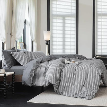 Reversible Duvet Cover Set 100% Washed Cotton Dark Grey Pinstripe Linen Feel Duvet Cover Queen Size with Zipper Closure & 2 Pillow Shams,Dark Grey/White Stripe Reverse Solid Dark Grey