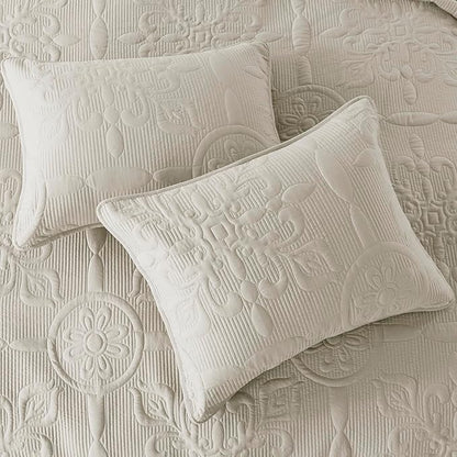 Light Beige Damask Quilt Twin Size Bedding Sets with 1 Pillow Sham, Boho Bedspread Lightweight Soft Farmhouse Vintage Bohemian Coverlet Retro Jacquard Pattern Bed Cover for All Season, 2 Pieces