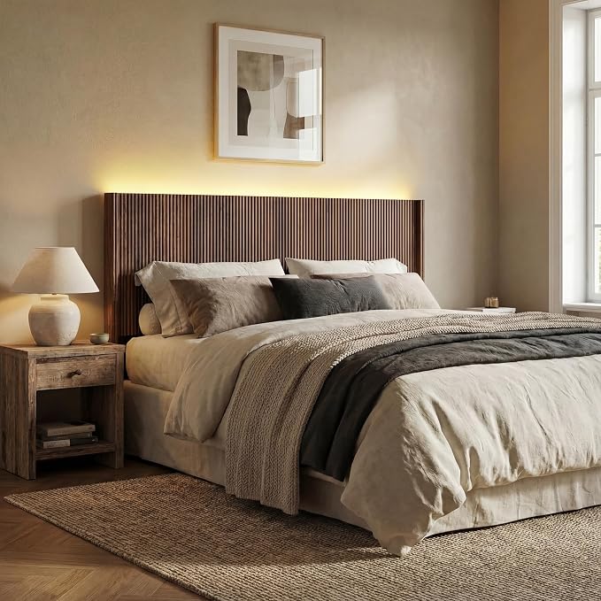 Queen Size Headboard Only, Modern Fluted Wall-Mounted Head Board with Lighting, Boho Wood Bed headboard Stylish Bedroom Decor, Espresso