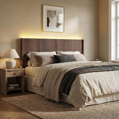 Queen Size Headboard Only, Modern Fluted Wall-Mounted Head Board with Lighting, Boho Wood Bed headboard Stylish Bedroom Decor, Espresso