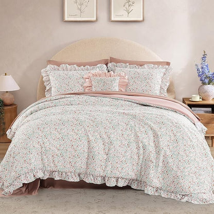 King Comforter Set - 7 Pieces Ruffle Pink Ditzy Bedding Sets, Shabby Chic Farmhouse Bed in a Bag King with Floral Comforter, Sheets, Pillowcases & Shams