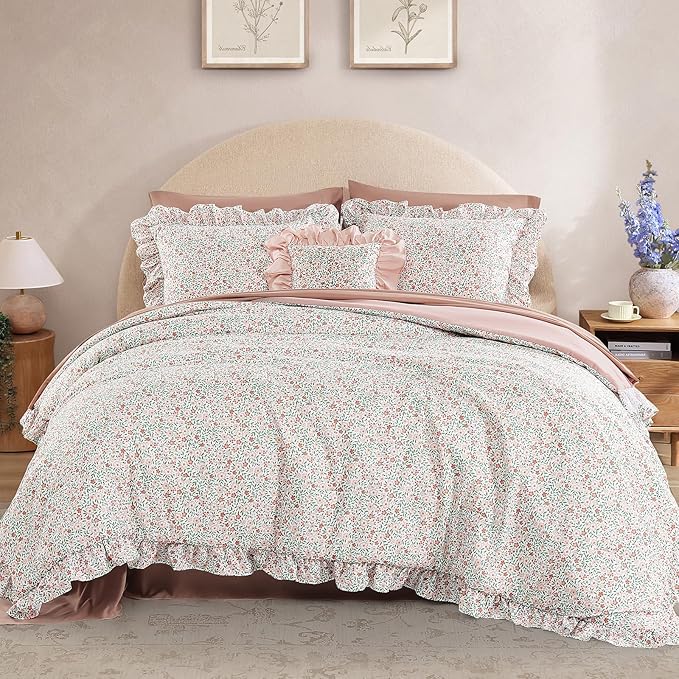 Full Comforter Set - 7 Pieces Ruffle Pink Ditzy Bedding Sets, Shabby Chic Farmhouse Bed in a Bag Full with Floral Comforter, Sheets, Pillowcases & Shams