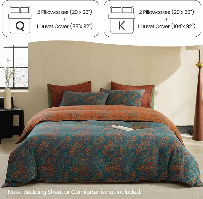 BISELINA 100% Cotton Muslin Duvet Cover Set King, 3 Pcs Yarn-Dyed Jacquard Textured Reversible Floral Design, Soft and Breathable Bedding Set with Zipper Closure, Blue Orange
