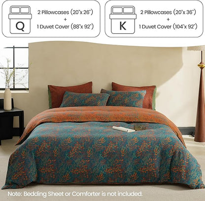 BISELINA 100% Cotton Muslin Duvet Cover Set Queen, 3 Pcs Yarn-Dyed Jacquard Textured Reversible Floral Design, Soft and Breathable Bedding Set with Zipper Closure, Blue Orange