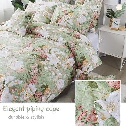 FADFAY Girls Floral Duvet Cover Set Twin 100% Cotton Bedding 600 TC Mint Green and White Flower Elegant Garden Lily Printed Comforter Cover Zipper Corner Ties Soft Bed Cover 3 Pcs